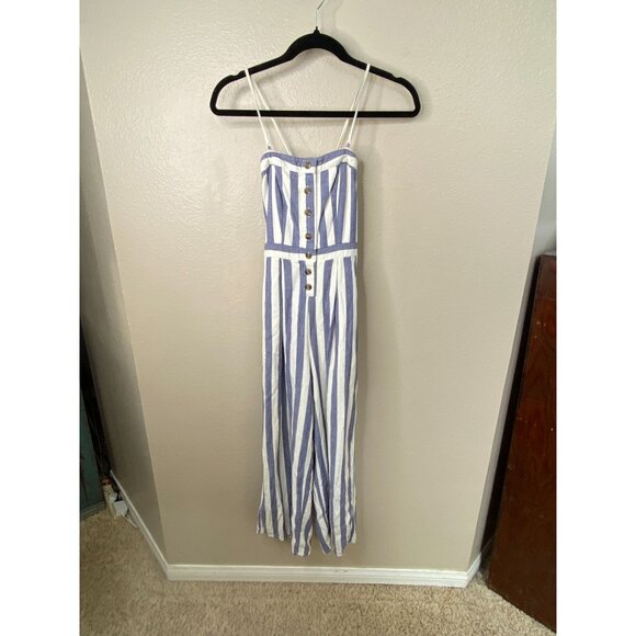 American Eagle Women’s Blue/White Striped Button-Front Jumpsuit XS Linen Blend - Picture 1 of 8